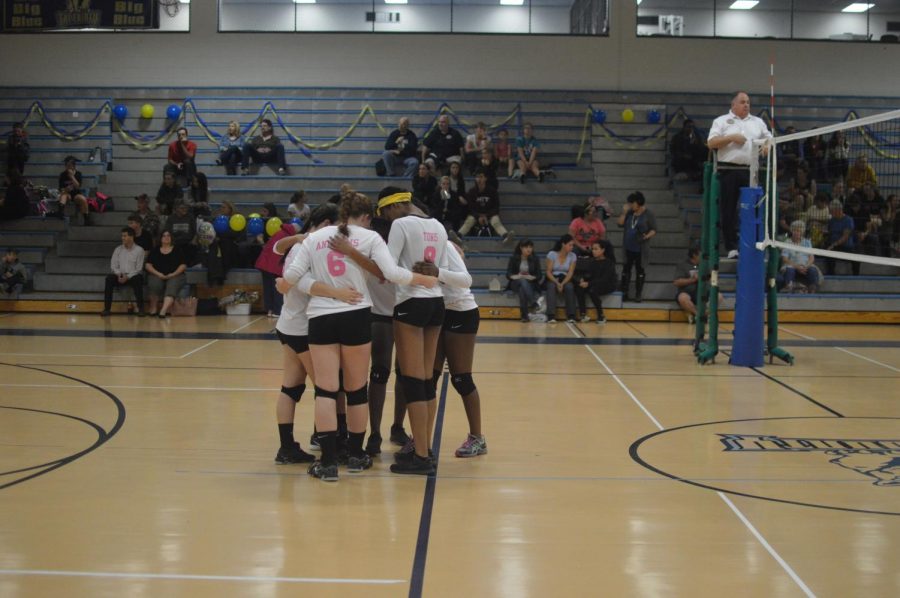 The team huddles after a point