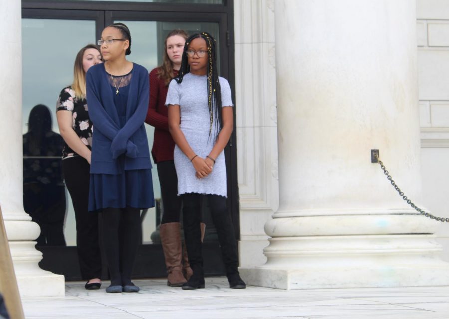 Anaya Laboy, Gessica Bonheur, Abigail Bibaud, and Brianna Sullivan prepare to lay a wreath at the Tomb of the Unknown Soldier