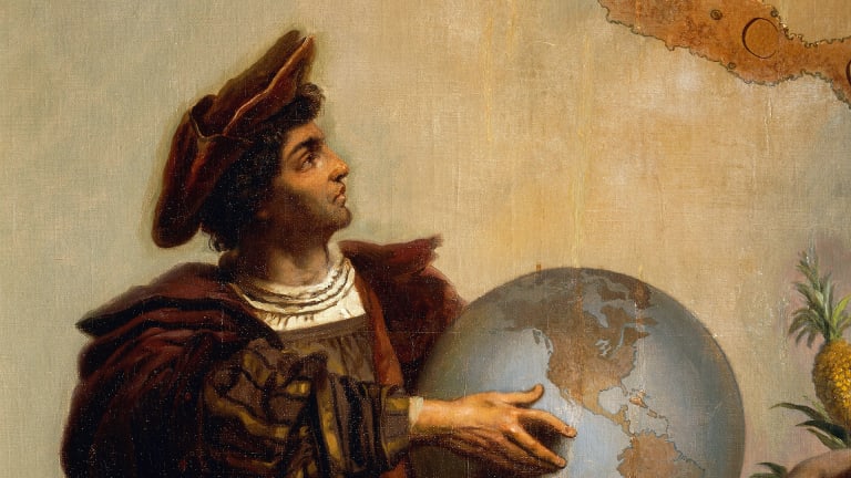 Columbus proving the Earth is round with a globe
