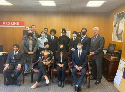 The 2021-2022 HMHS Mock Trial team with Senator John F. Keenan at the Massachusetts State House.