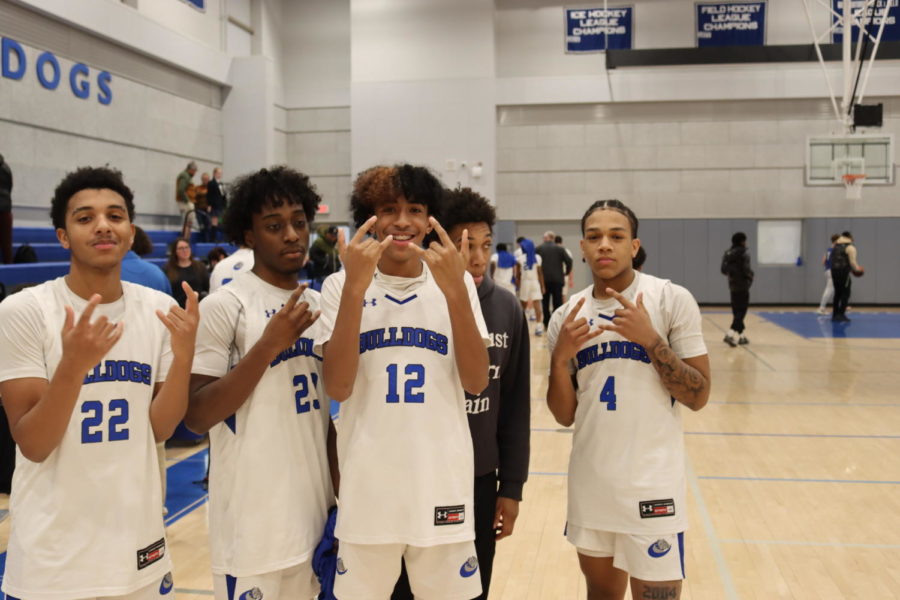 The team after winning their game (left to right): Malachi Desire, Armani Perkins, Jalik Fernandes, Daveon Scott, Marquis Dobay-Lindsay 